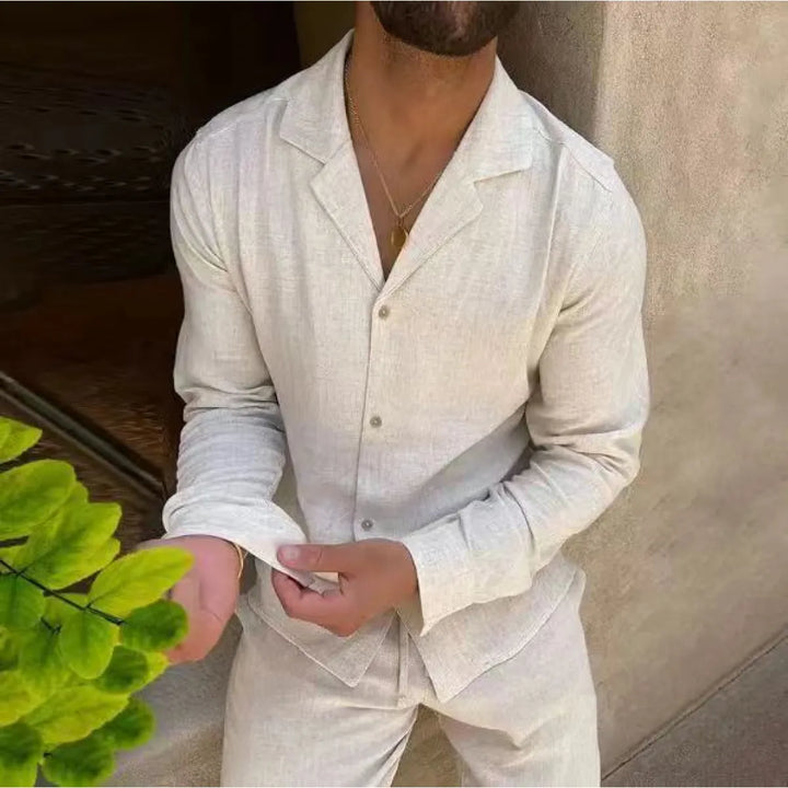 Stylish men's two-piece set featuring a long sleeve top and fitted trousers for casual comfort.