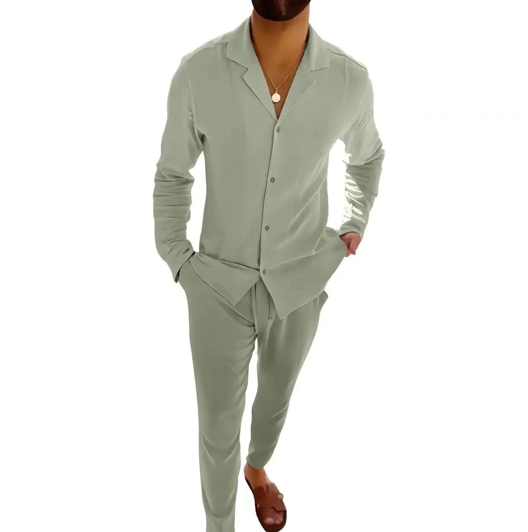 Men's timeless long sleeve & fitted trouser outfit. A comfortable two-piece for summer fashion.