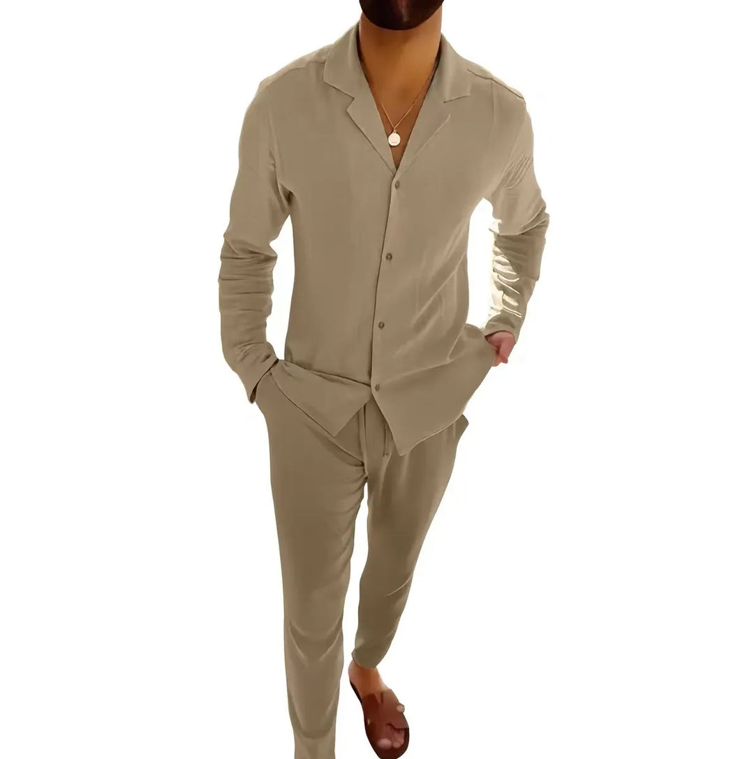Front view of men's long sleeve top and fitted trousers set. Casual & comfortable two-piece outfit.