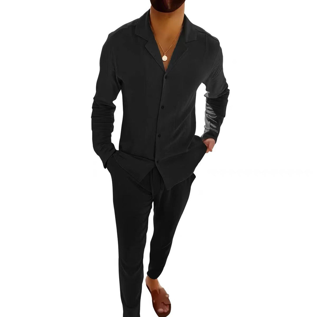 Light & comfortable men's long sleeve and fitted trouser set, perfect for summer casual fashion.