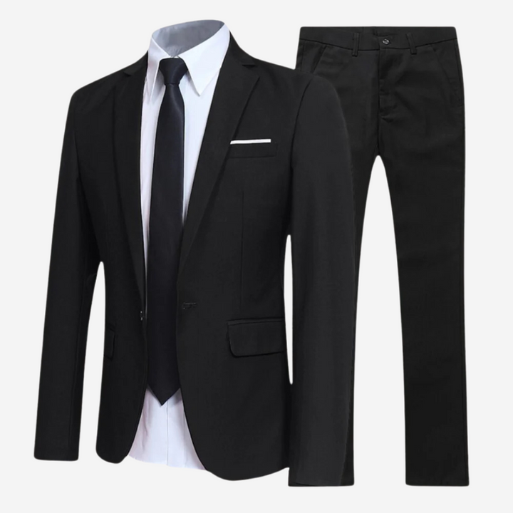 Dapper menswear: a sophisticated navy slim fit blazer, vest, and trousers.