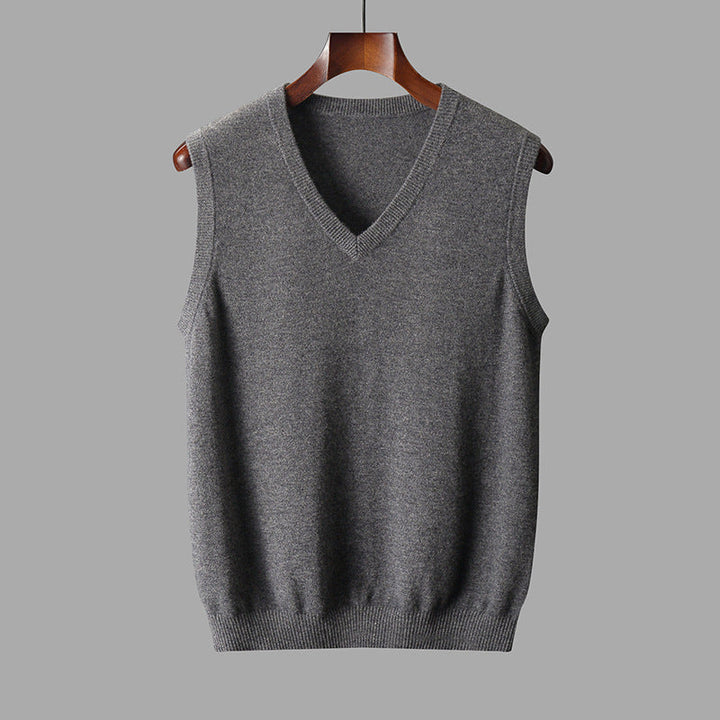 Close-up of a soft knit men's v-neck sweater vest, showcasing quality craftsmanship.