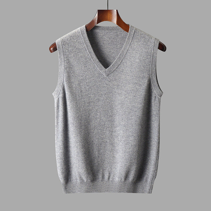 Versatile men's sweater vest with a classic v-neck design, ideal for winter wear.