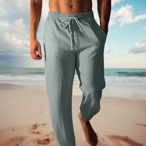 Men's trendy drawstring pants, relaxed fit beachwear. Ideal for summer fashion & vacation comfort.