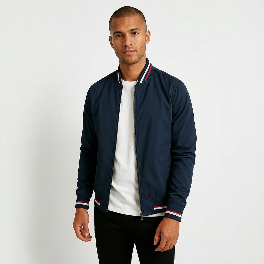 Men's trendy windproof bomber jacket with ribbed cuffs, ideal casual outerwear for spring & fall.