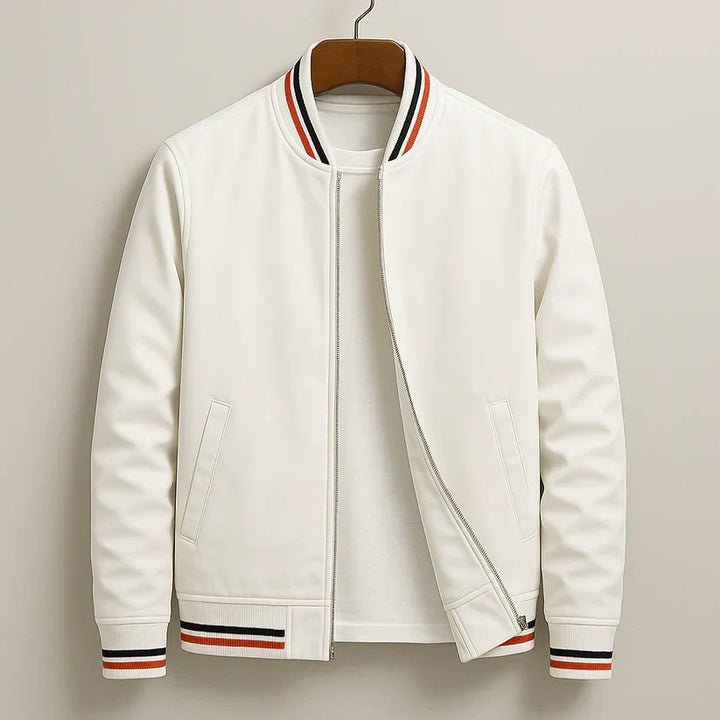 Modern men's windproof bomber jacket, a trendy zip-up outerwear piece with comfortable ribbed cuffs.