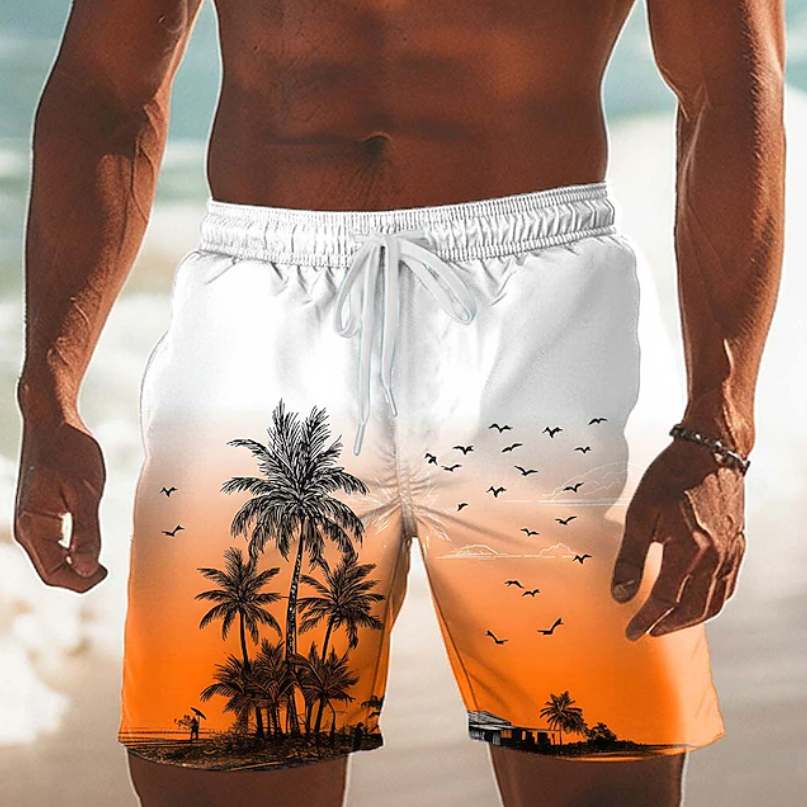Men's comfortable tropical drawstring shorts. Essential casual resort wear for summer beach trips.