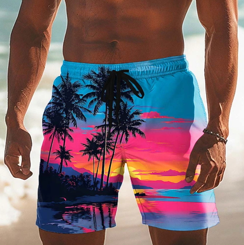 Stylish men's tropical print shorts with a drawstring waist. Perfect for summer, beach, or vacation fashion.