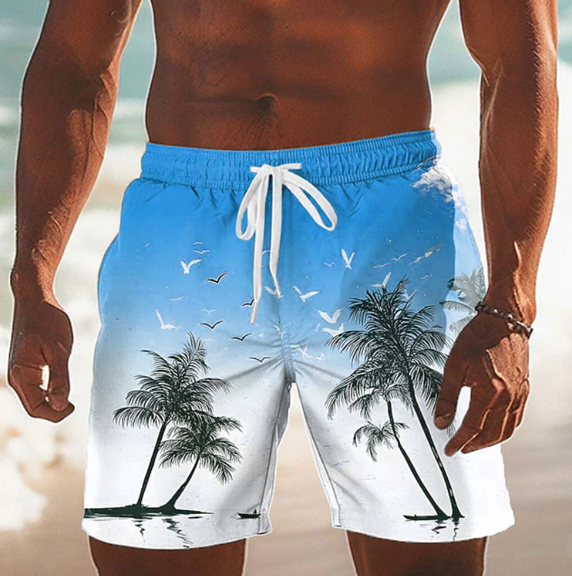Warm weather men's shorts: casual, relaxed fit, tropical pattern & comfortable drawstring design.