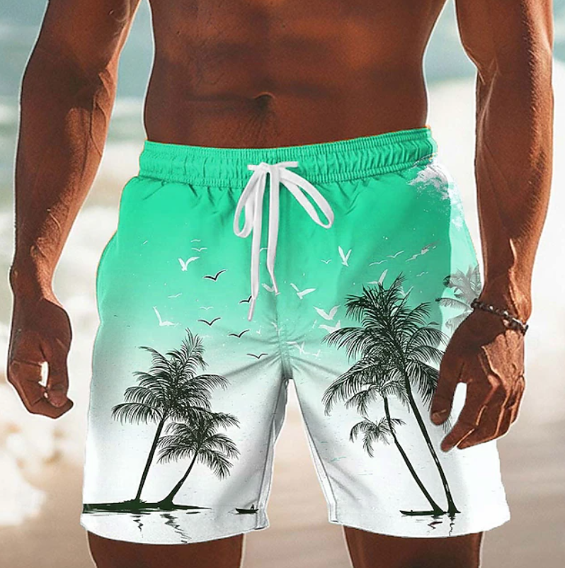 Casual men's summer drawstring shorts featuring a trendy tropical print. Ideal for resort & beach fashion.