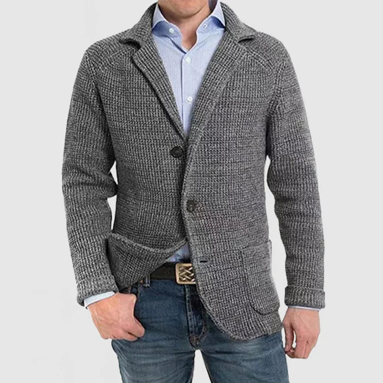Tailored men's two-button blazer for a smart casual outfit, combining style with comfort.