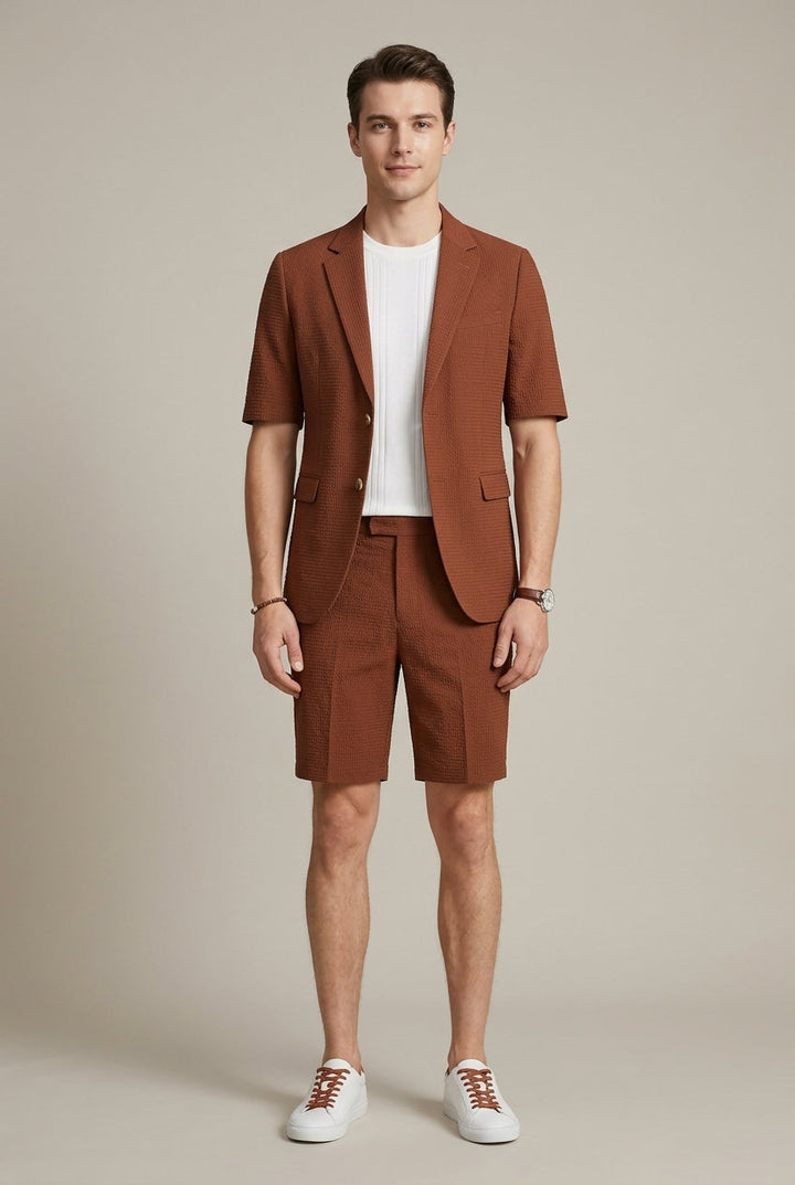 Men's two-piece suit set with short-sleeve lapel blazer & matching shorts. Ideal for smart casual summer events.