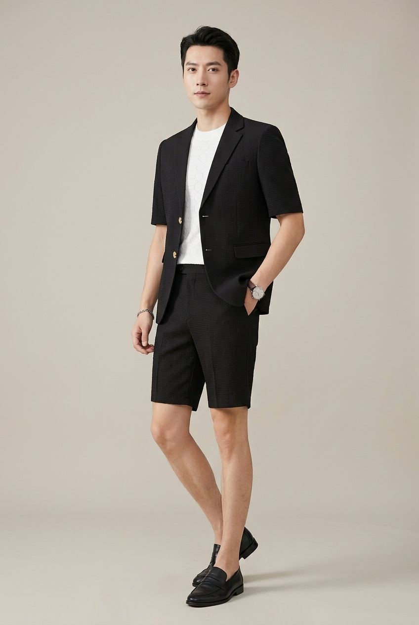 Coordinated men's blazer & shorts two-piece set. Versatile smart casual summer outfit for any event.