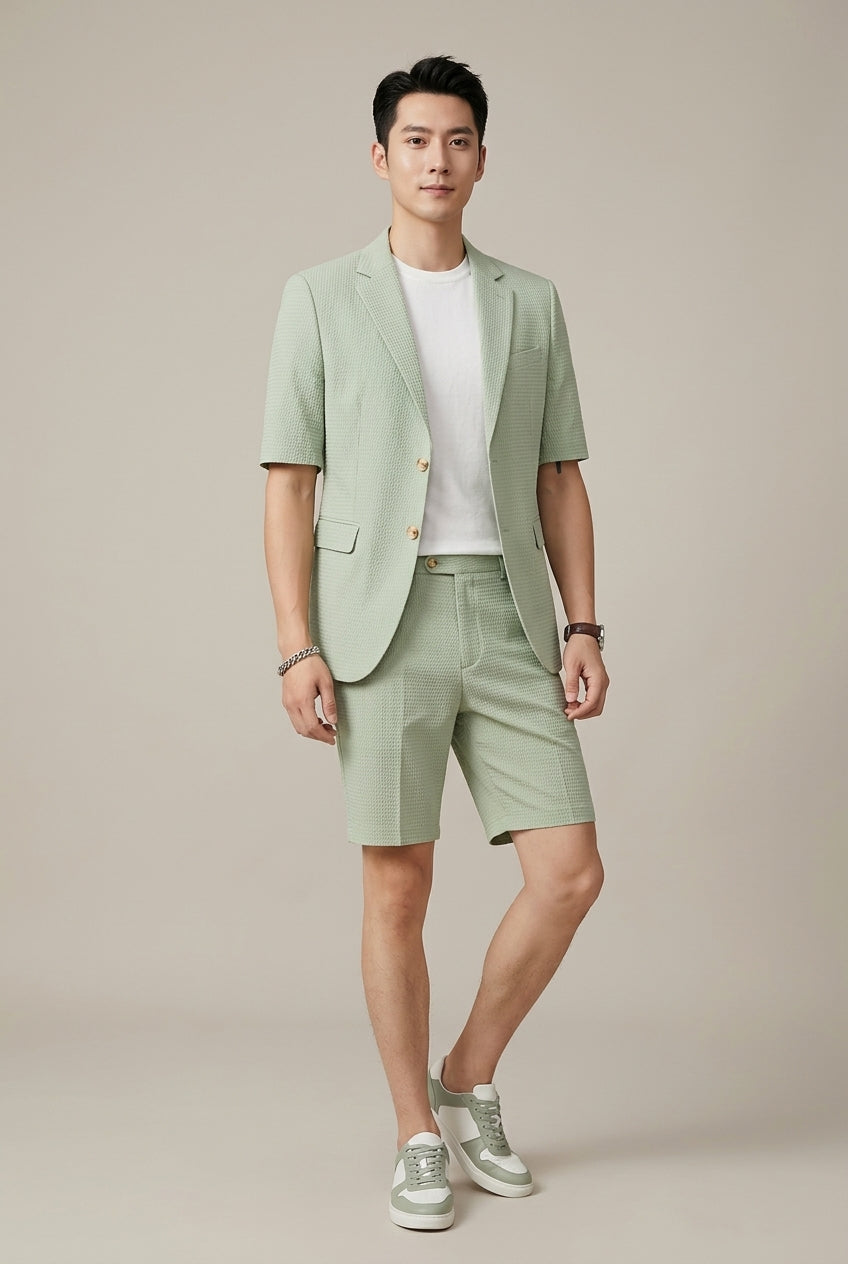 Modern men's two-piece blazer & shorts set. A trendy short-sleeve suit for summer fashion and casual events.