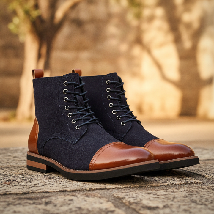 Men's two-tone hybrid ankle boots for smart casual & formal wear. Stylish lace-up design.