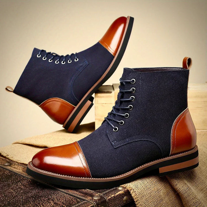 Stylish men's two-tone lace-up hybrid ankle boots. Modern design for smart casual and formal outfits. Comfortable.