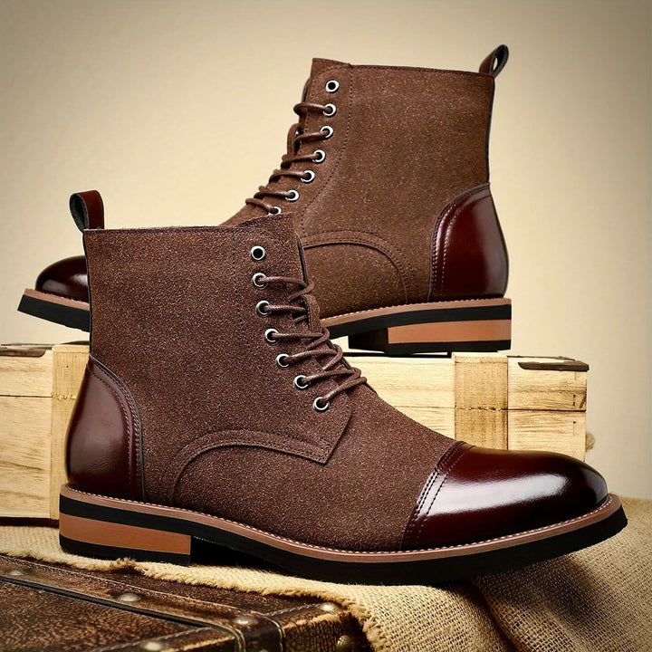 Modern men's two-tone hybrid ankle boots. Elegant lace-up design, ideal for smart casual & formal occasions.