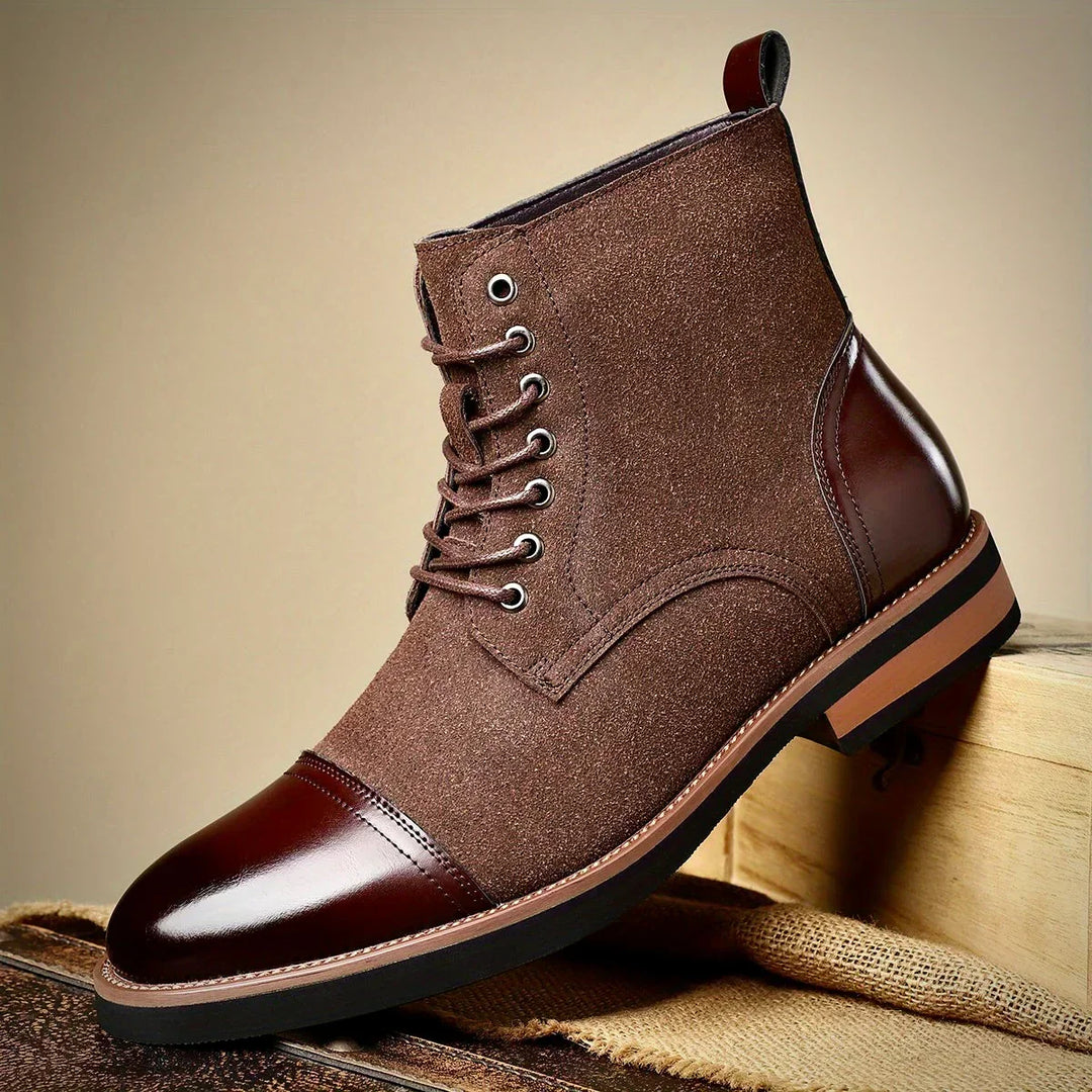 Men's smart casual two-tone hybrid ankle boots. Features a sleek design with contrasting panels. Modern dress boots.