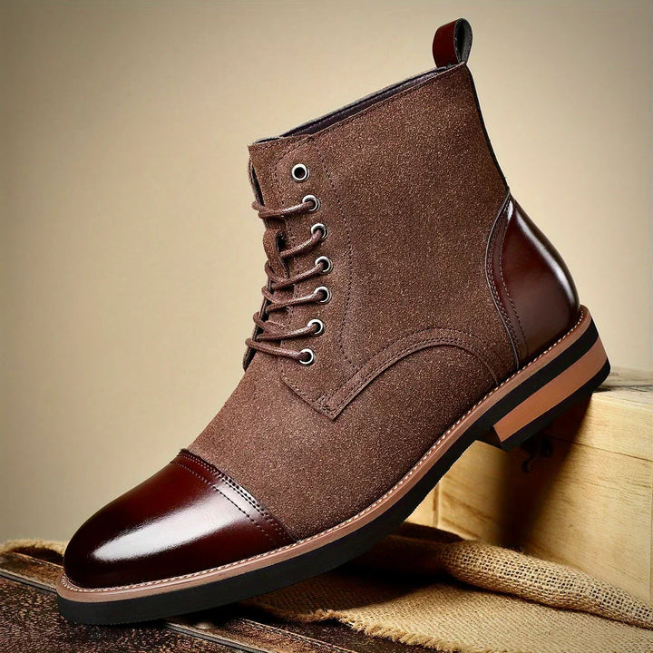 Men's smart casual two-tone hybrid ankle boots. Features a sleek design with contrasting panels. Modern dress boots.