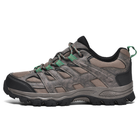 Men's durable hiking shoes in action on a rugged trail, offering ultimate comfort and non-slip grip.