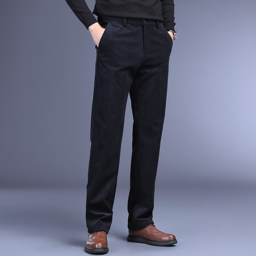 Close-up of comfortable men's stretch pants fabric, highlighting premium texture and flexibility.