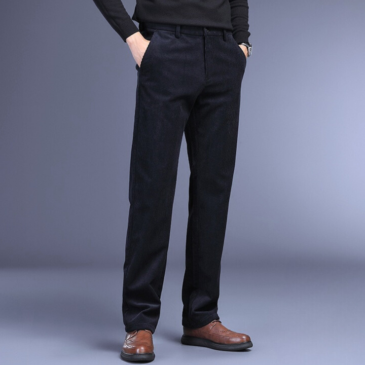 Close-up of comfortable men's stretch pants fabric, highlighting premium texture and flexibility.