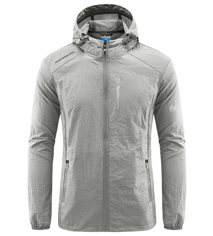 Durable windproof hooded jacket for men, offering excellent sun protection on warm days.