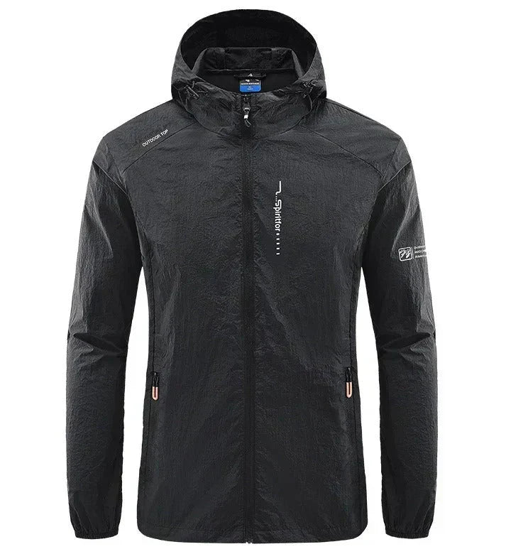 Stylish men's fashion outerwear: a lightweight, hooded jacket for summer adventures.
