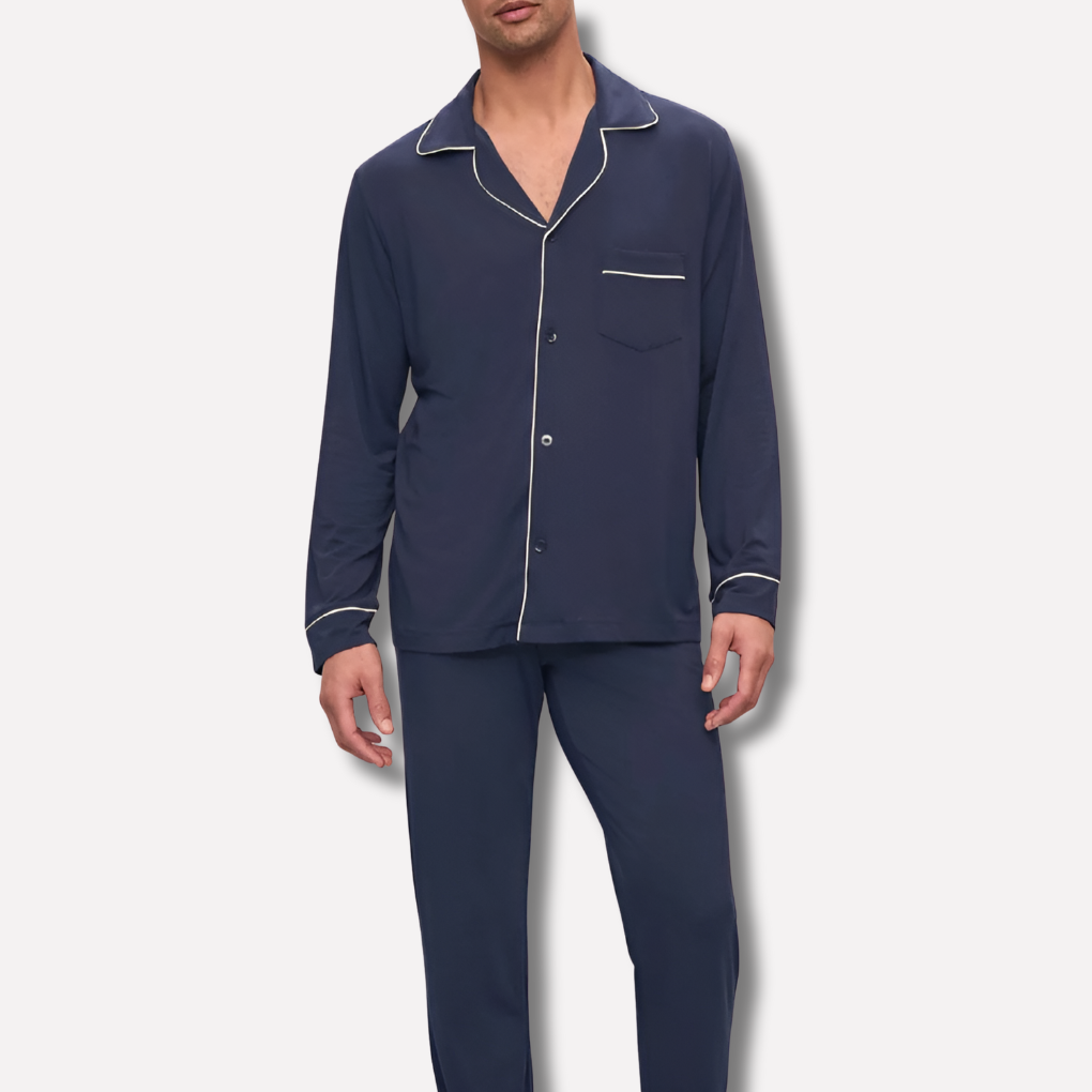 Men's ultra-soft cotton pajama set for relaxed comfort. Breathable long sleeve sleepwear.