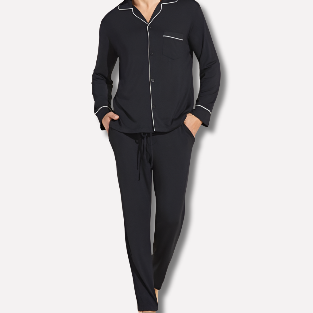 Classic men's cotton loungewear set. Comfortable, breathable long sleeve pajamas perfect for relaxation.