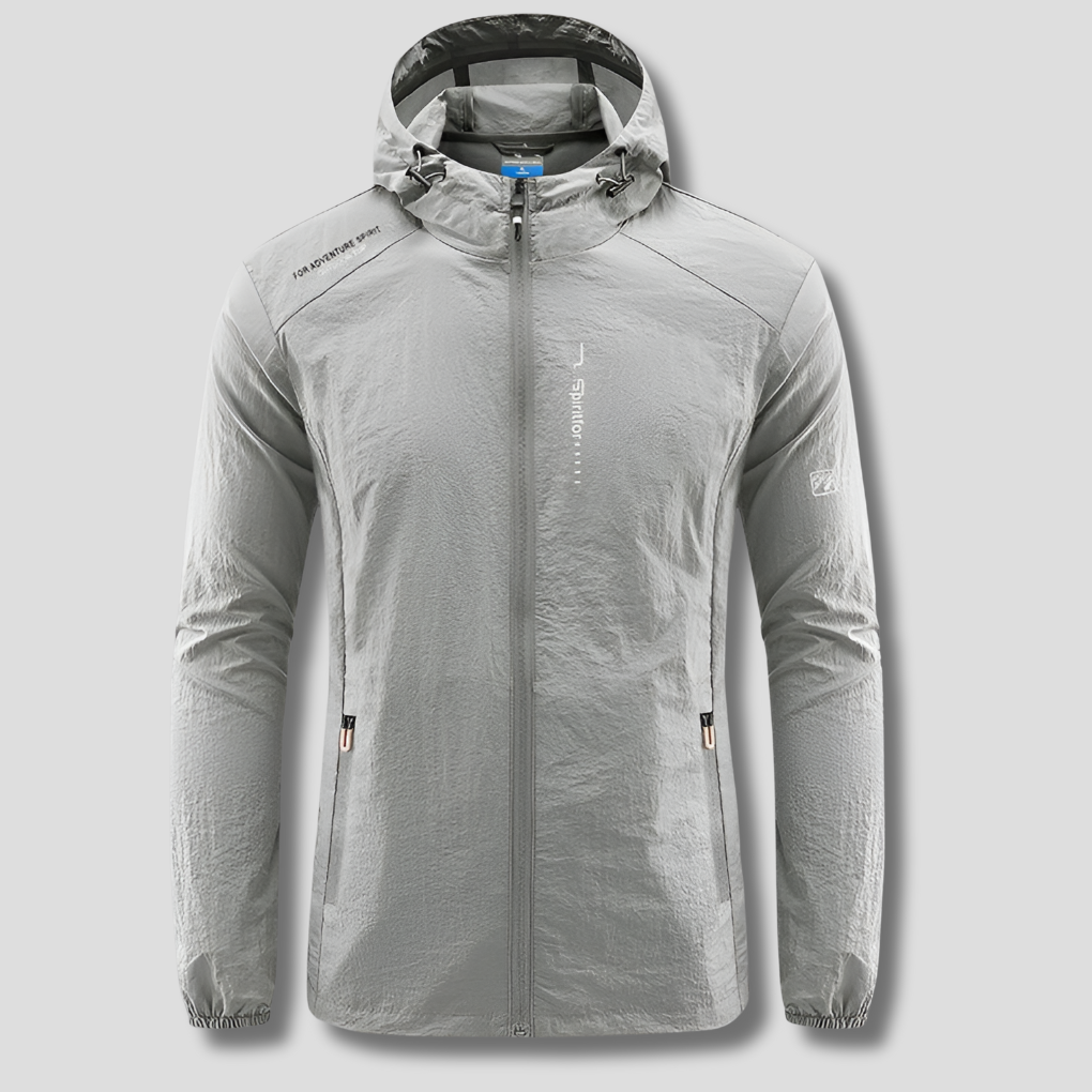 Men's ultralight hooded jacket, perfect for lightweight wind & sun protection during summer outdoor activities.