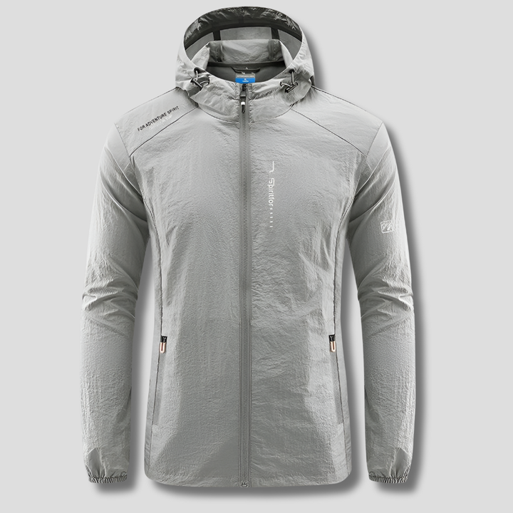 Men's ultralight hooded jacket, perfect for lightweight wind & sun protection during summer outdoor activities.