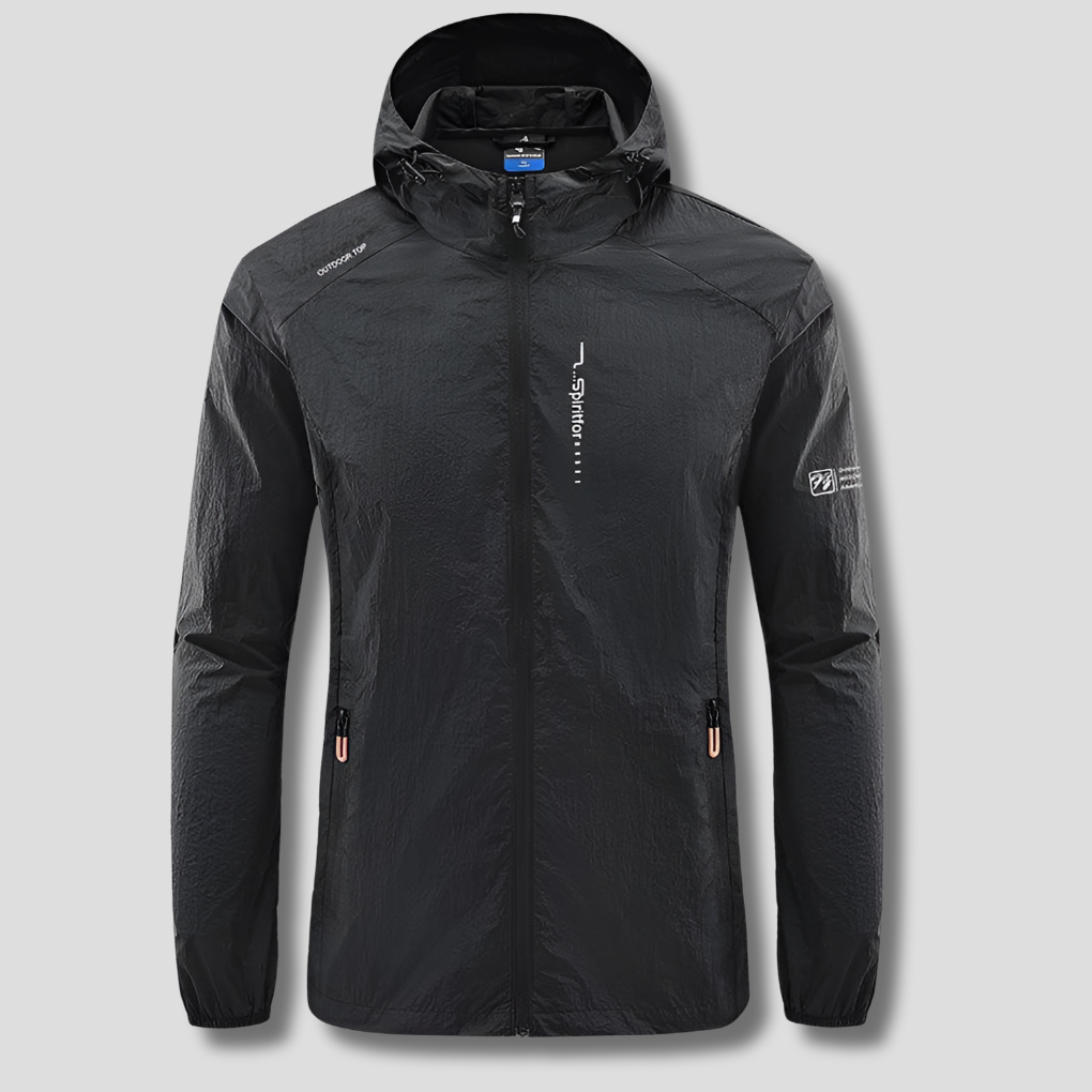 Packable men's hooded jacket offering windproof & UV sun protection, ideal for summer travel & outdoor adventures.