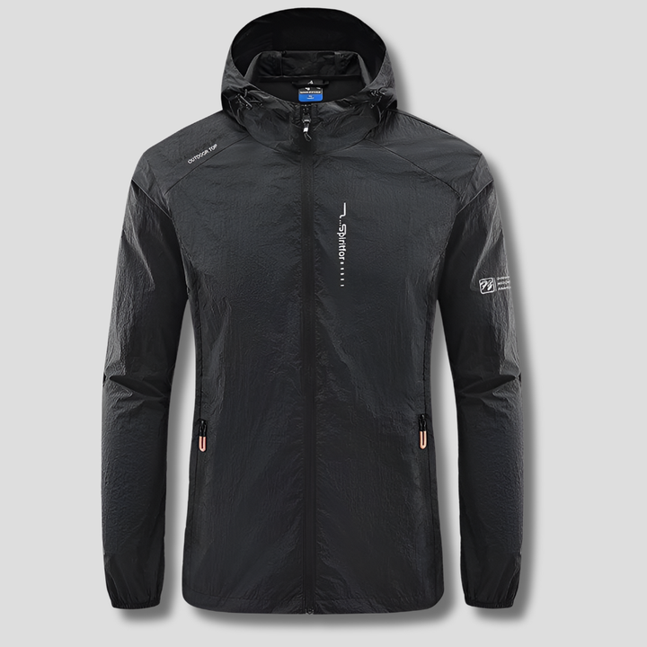 Packable men's hooded jacket offering windproof & UV sun protection, ideal for summer travel & outdoor adventures.