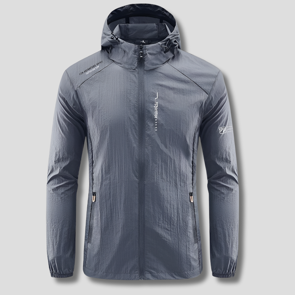 Lightweight men's outdoor jacket with hood, designed for superior wind & sun protection in warm weather.