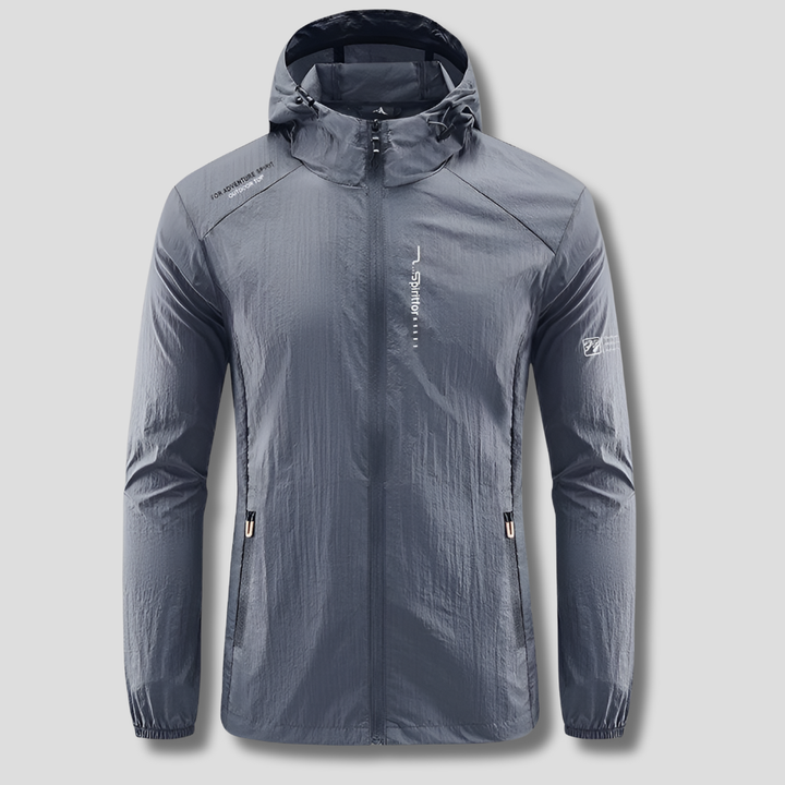Lightweight men's outdoor jacket with hood, designed for superior wind & sun protection in warm weather.