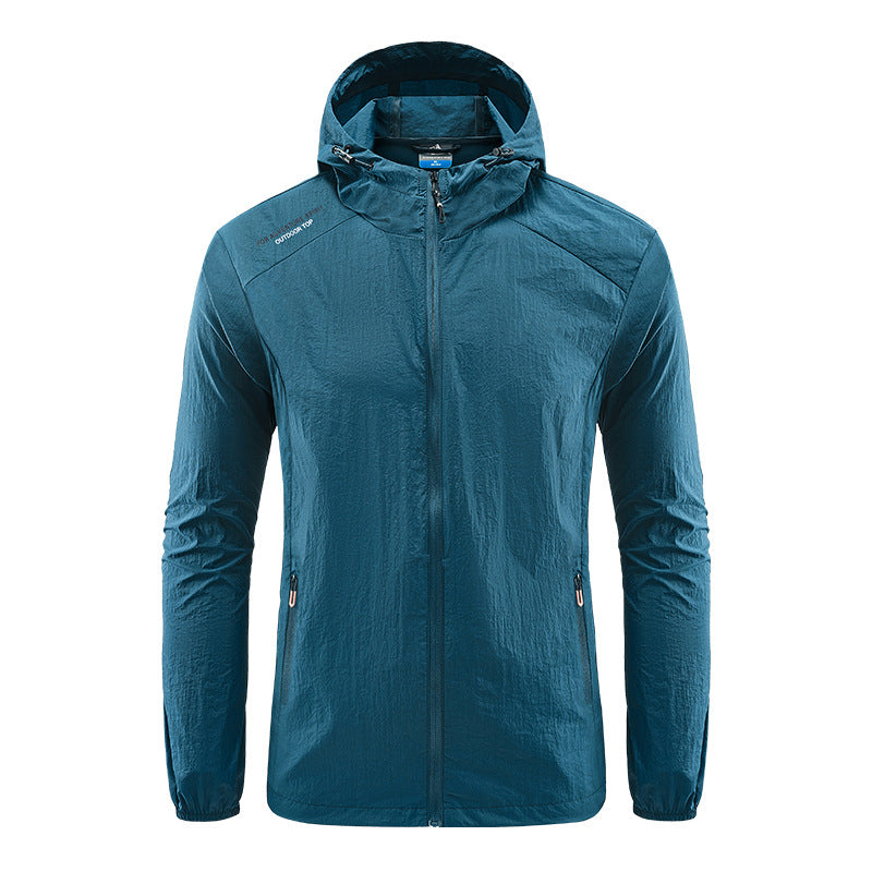 Versatile men's hooded outerwear provides ultralight wind and sun protection for active summer use.