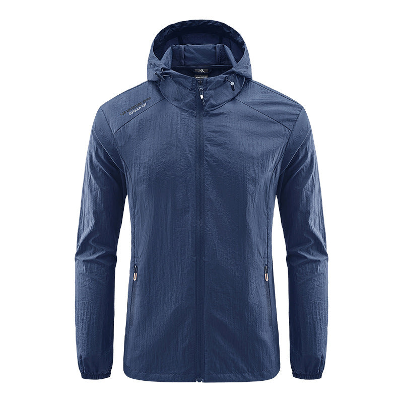 Men's packable ultralight jacket, wind & sun protective for hiking, travel, and various summer outdoor sports.