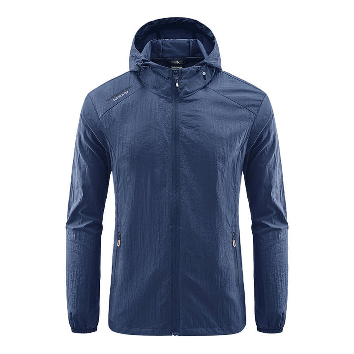 Men's packable ultralight jacket, wind & sun protective for hiking, travel, and various summer outdoor sports.