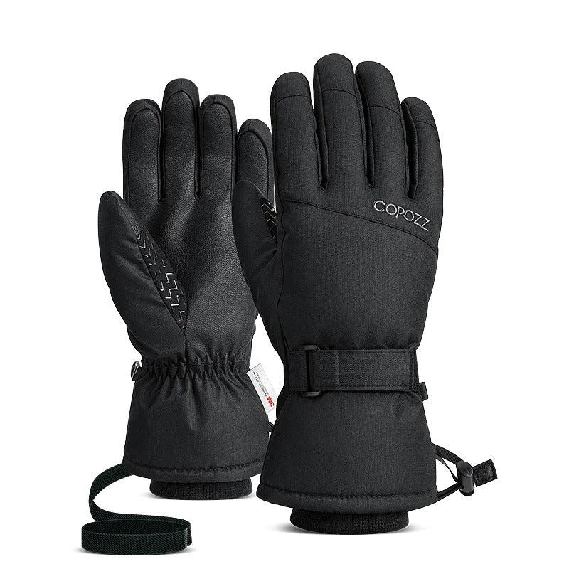 Close-up of men's waterproof winter gloves showing durable stitching and insulation