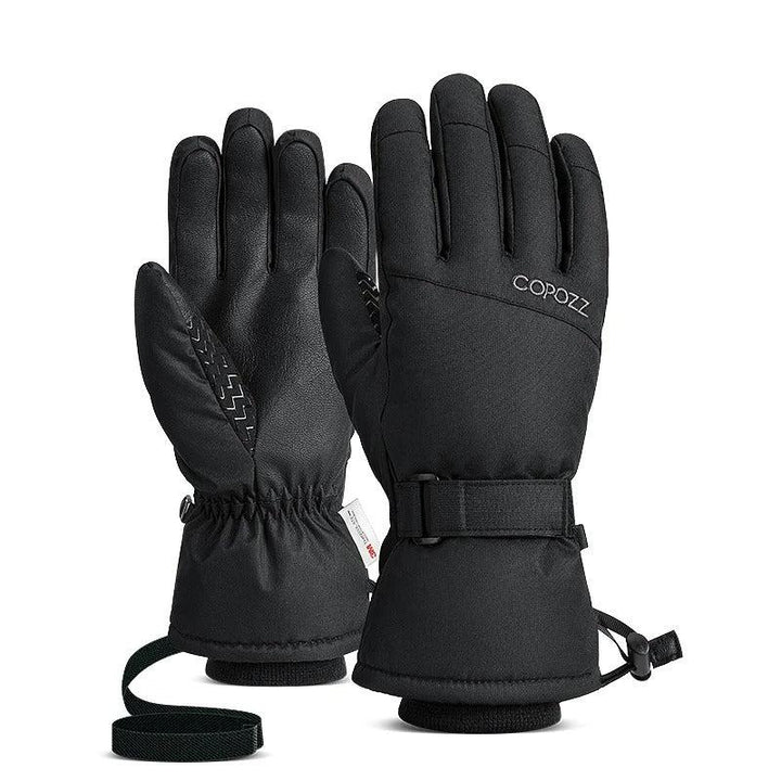 Close-up of men's waterproof winter gloves showing durable stitching and insulation