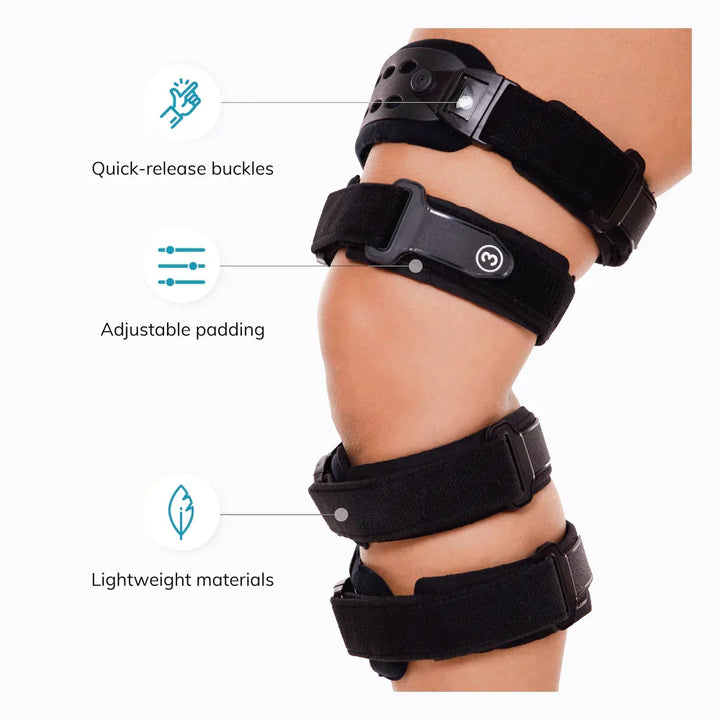Front view of a men's unloader knee brace, providing targeted joint support for osteoarthritis relief.