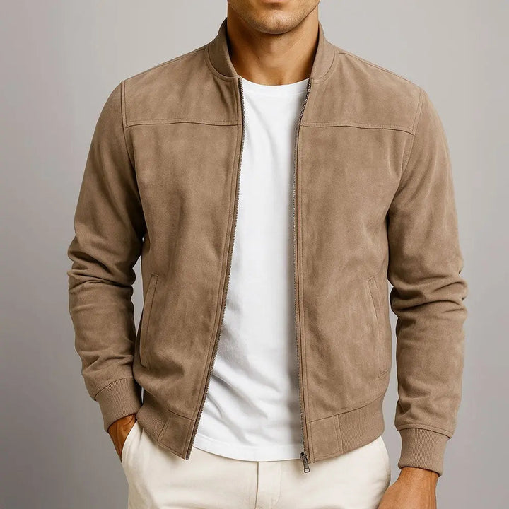Men's urban bomber jacket in sleek brown suede, perfect for smart casual or everyday style. Tailored fit outerwear.