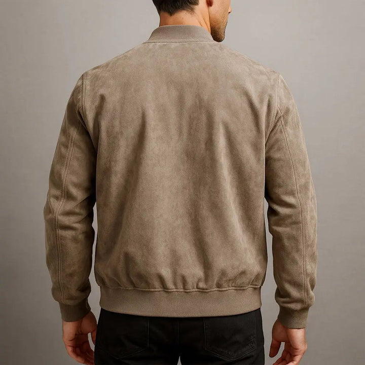 Classic men's suede bomber jacket for urban fashion. Versatile and minimalist, great for casual or smart casual looks.