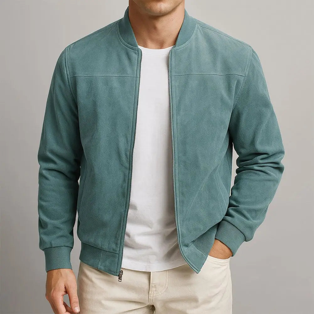 Sleek men's tailored fit bomber jacket made from premium suede. Ideal for modern urban fashion & everyday outerwear.