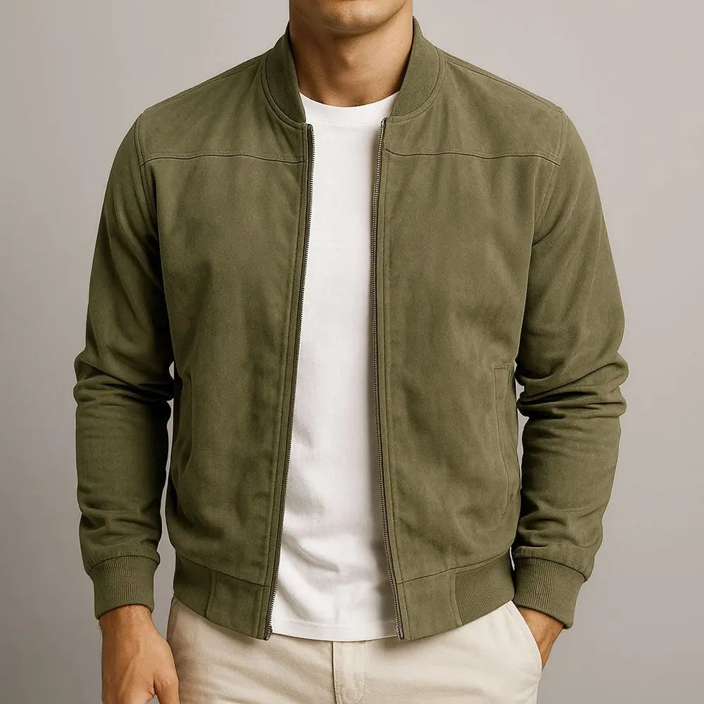 Stylish men's suede bomber jacket with a tailored fit, perfect for contemporary urban and minimalist fashion.