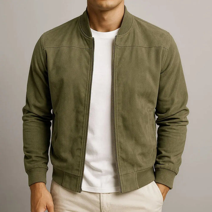 Stylish men's suede bomber jacket with a tailored fit, perfect for contemporary urban and minimalist fashion.