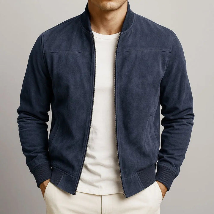 Versatile men's suede bomber jacket, ideal for casual wear or smart casual outfits. A classic piece of urban outerwear.