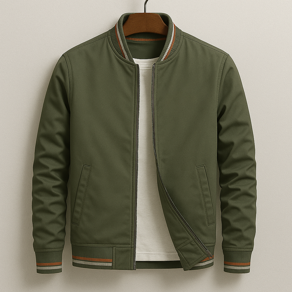 Stylish men's zip bomber jacket featuring ribbed cuffs, perfect outerwear for spring & autumn fashion.