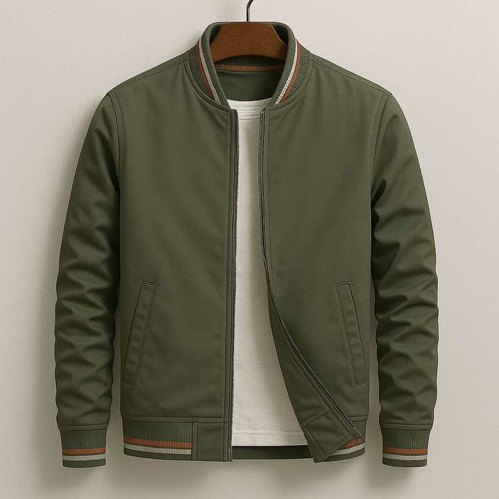 Stylish men's zip bomber jacket featuring ribbed cuffs, perfect outerwear for spring & autumn fashion.